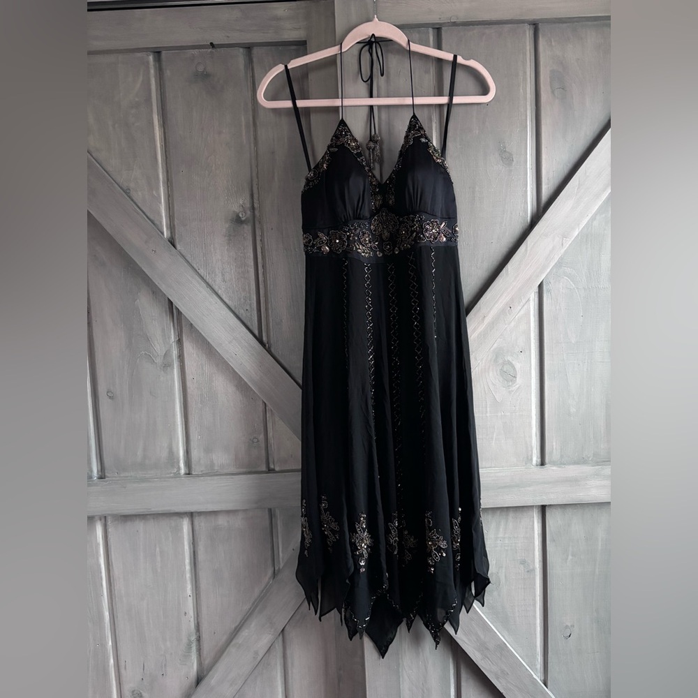 VTG Sue Wong 100% Silk Black Beaded‎ Handkerchief Dress Size 10